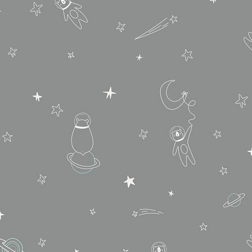 Outer space fabric, Quilting Cotton, Art Gallery fabrics, Stargazer, To Bearfinity and Beyond, Baby Boy, AGF studio, gray fabric