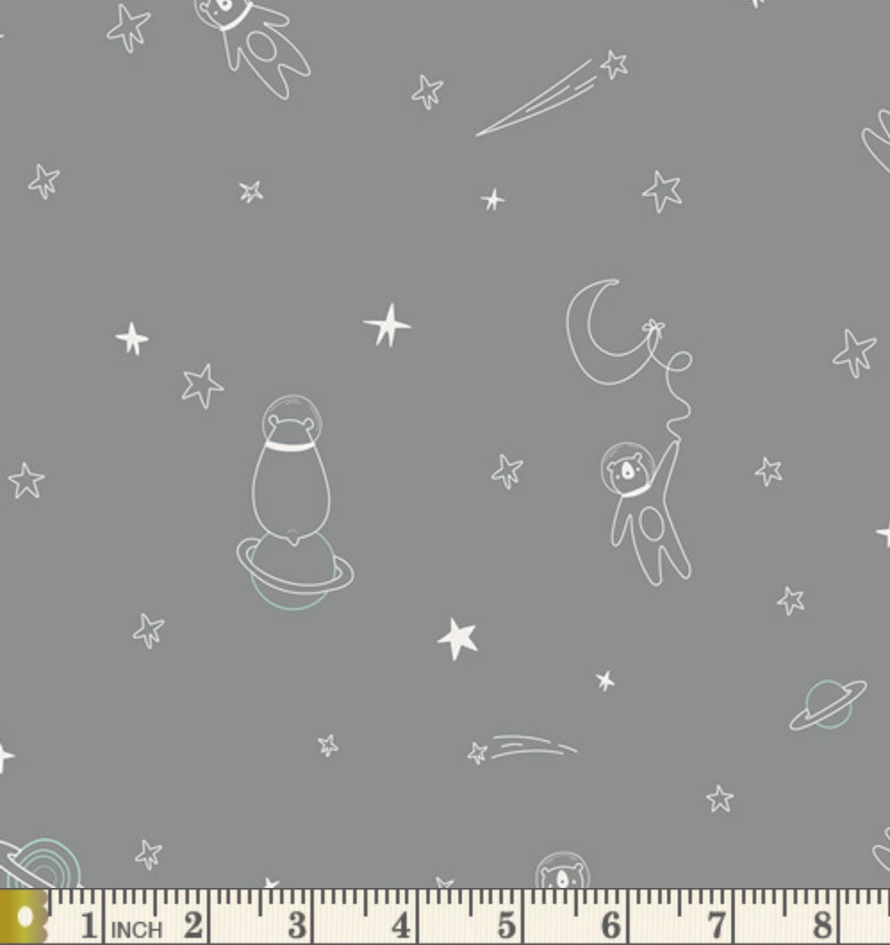 Outer space fabric, Quilting Cotton, Art Gallery fabrics, Stargazer, To Bearfinity and Beyond, Baby Boy, AGF studio, gray fabric