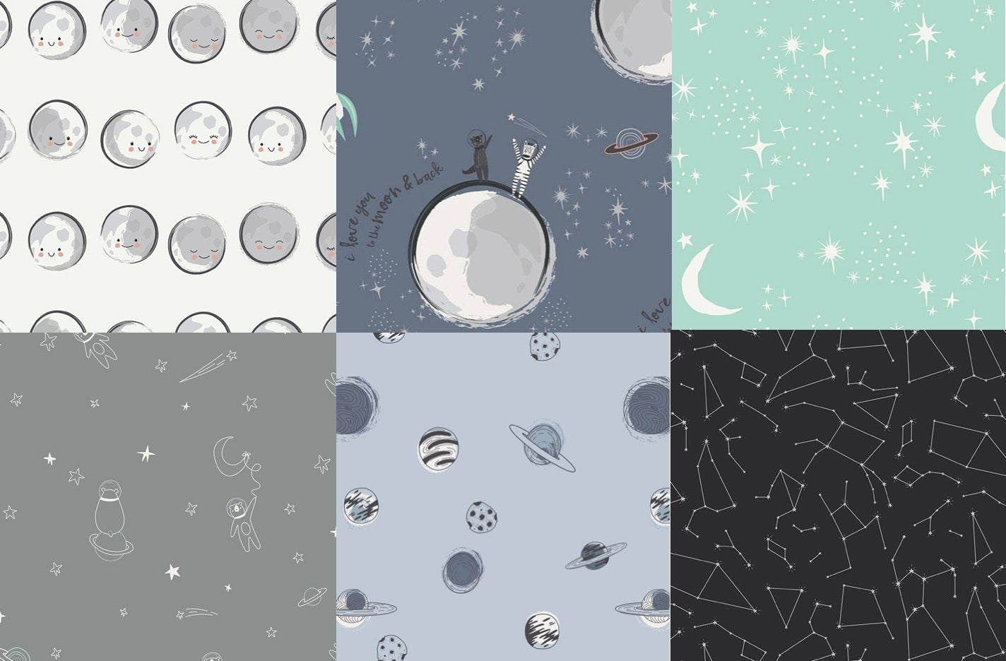 Outer space fabric, Quilting Cotton, Art Gallery fabrics, Stargazer, To Bearfinity and Beyond, Baby Boy, AGF studio, gray fabric