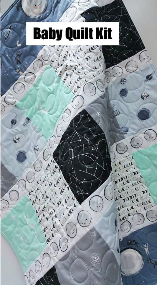 Baby Quilt Kit, Outer Space Theme, Moon Fabric, Patchwork Quilt Kit, Love you to the Moon, Baby Boy, Art Gallery Fabrics