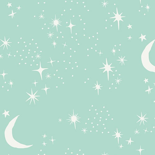 Mint Green Cotton, Outer space fabric, Quilting Cotton, Art Gallery fabrics, Stargazer, Twinkly Phases, Stars and Moon, AGF studio, yardage