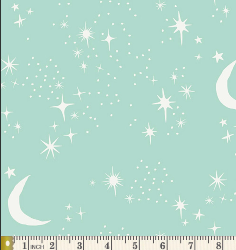 Mint Green Cotton, Outer space fabric, Quilting Cotton, Art Gallery fabrics, Stargazer, Twinkly Phases, Stars and Moon, AGF studio, yardage