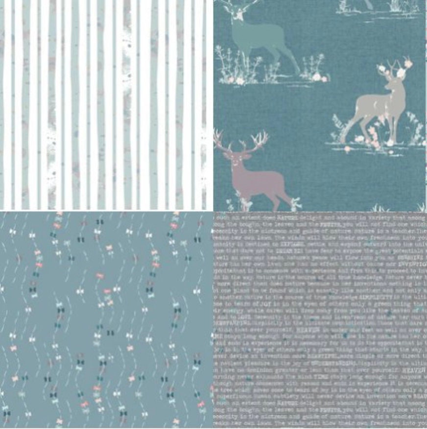 Fat Quarter Bundle, Woodland Theme, Cotton Fabric, Art Gallery Fabric, Blithe, Elk, Deer, Trees, Blue and Pink, Stags, Cool, Fat Quarters