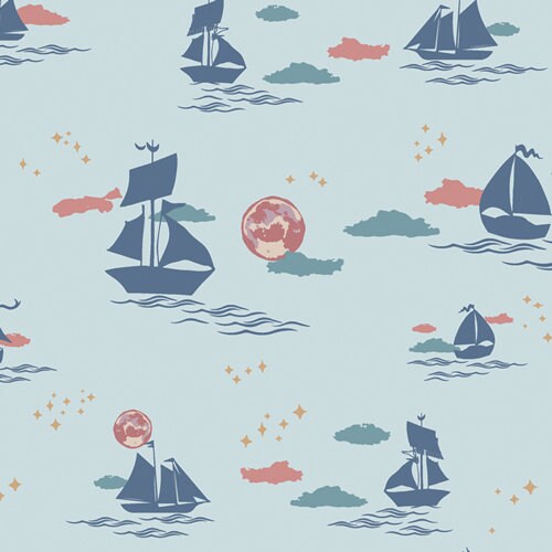 Art Gallery Quilting Fabric, Enchanted Voyage, Ship Fabric, Nautical, By the Yard, Offshore Dream Breeze, Kids room decor, blue