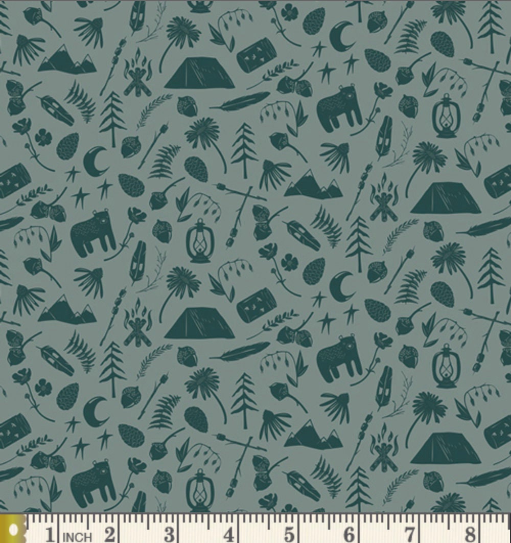 Art Gallery Fabric, Green, Camping Themed, Quilting Fabric, By the Yard, Camping Stories, Campsite