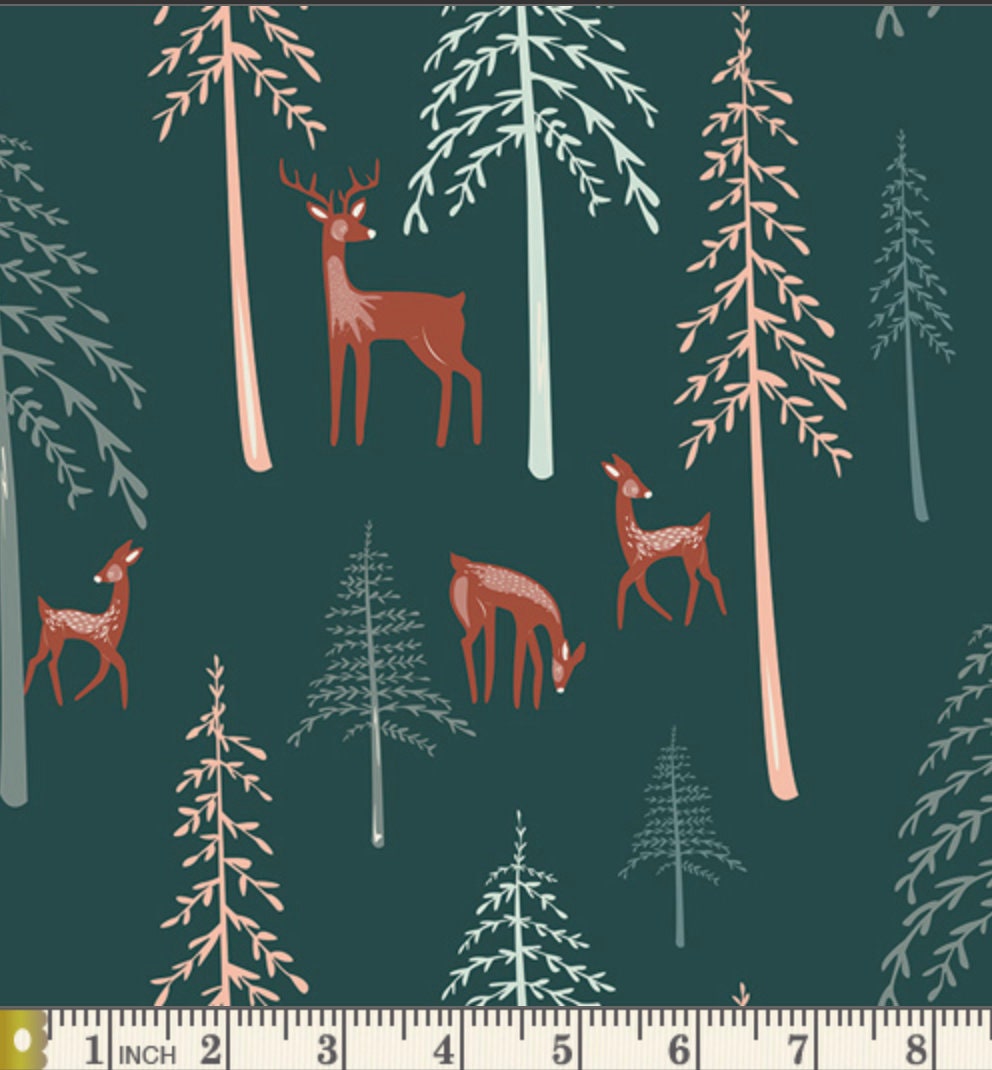 Woodland Fabric, Deer Fabric, By the Yard, Art Gallery Fabrics, Among the Pines, Campsite, Baby Quilt Material, Nursery Decor, Forest Green