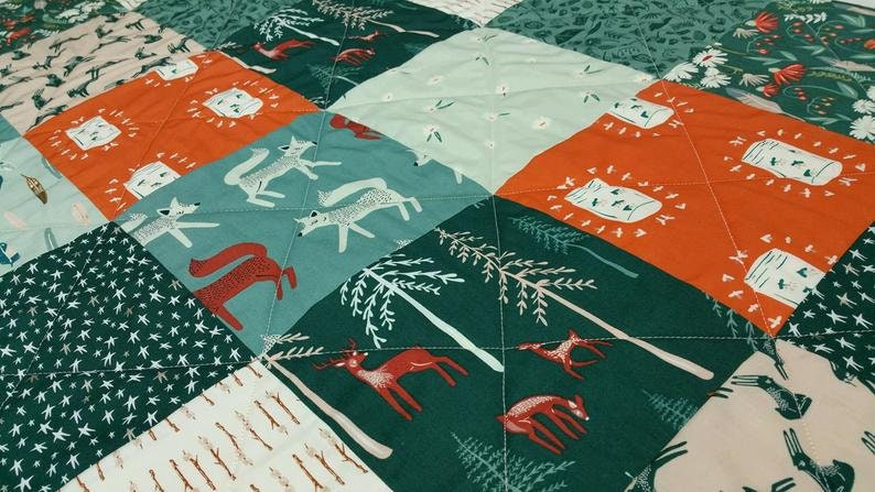 Woodland Fabric, Deer Fabric, By the Yard, Art Gallery Fabrics, Among the Pines, Campsite, Baby Quilt Material, Nursery Decor, Forest Green