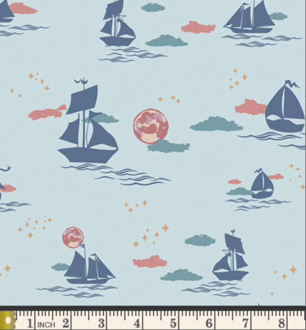 Art Gallery Quilting Fabric, Enchanted Voyage, Ship Fabric, Nautical, By the Yard, Offshore Dream Breeze, Kids room decor, blue