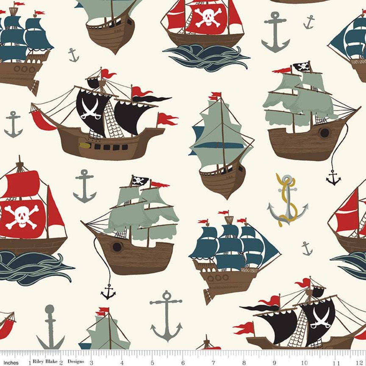 Pirates Tale, Main Cream, Riley Blake, Pirate Themed Quilting Fabric, Pirate Ships