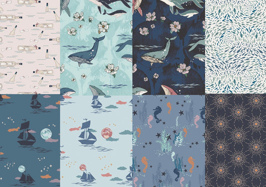 Fat Quarter Bundle, 8 piece, Art Gallery, Enchanted Voyage, Quilting Weight, Cotton, Fabric bundle, Baby Boy, Whales, Pirate Ship, Nautical