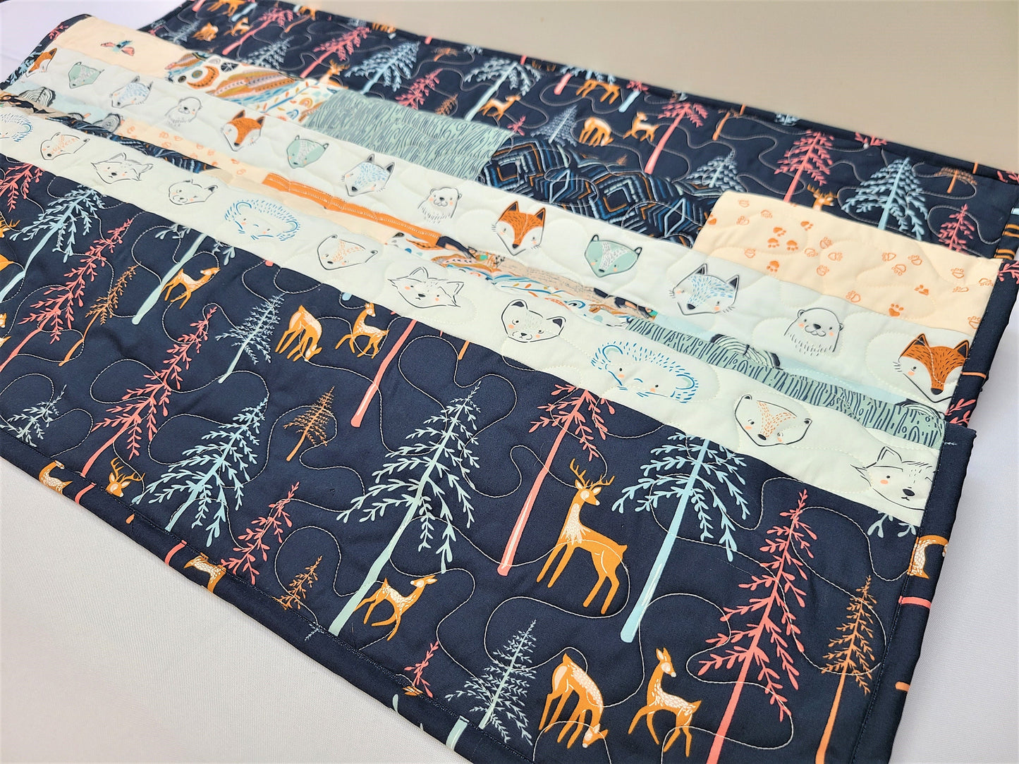 Modern Baby Quilt, Boy, Girl, Homemade, Little Forester, Navy, Blue, Orange, Woodland, Bees, Deer, Owl, Fox,