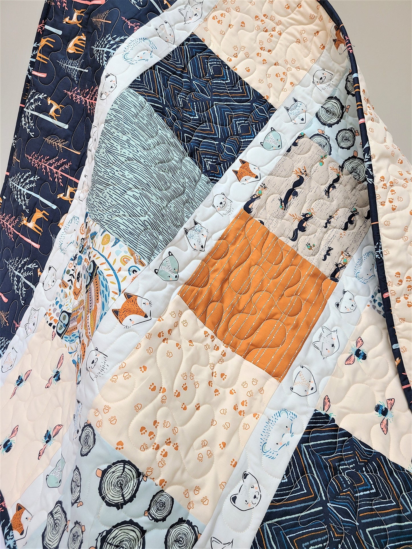 Modern Baby Quilt, Boy, Girl, Homemade, Little Forester, Navy, Blue, Orange, Woodland, Bees, Deer, Owl, Fox,