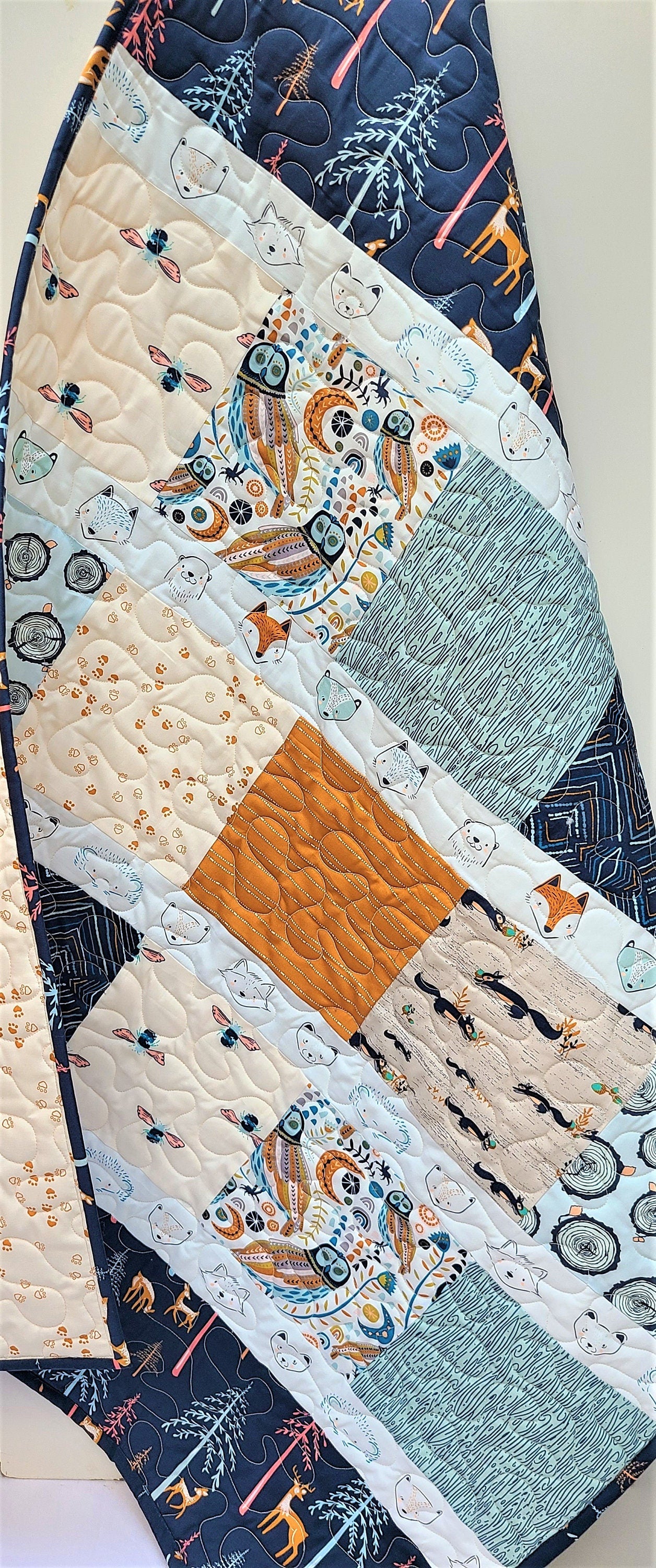 Modern Baby Quilt, Boy, Girl, Homemade, Little Forester, Navy, Blue, Orange, Woodland, Bees, Deer, Owl, Fox,