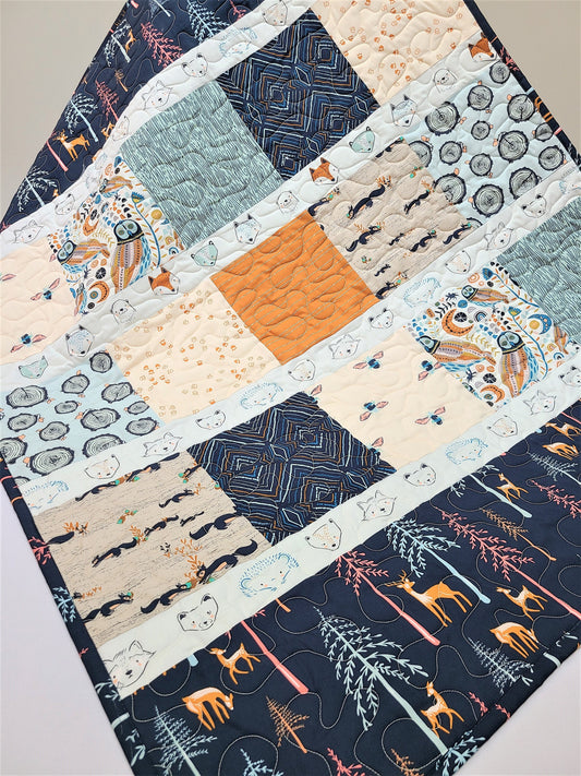 Modern Baby Quilt, Boy, Girl, Homemade, Little Forester, Navy, Blue, Orange, Woodland, Bees, Deer, Owl, Fox,