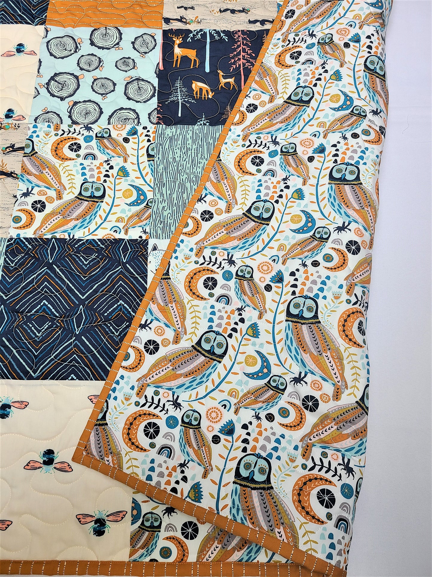 Baby Quilt, Boy, Woodland, Rustic, Deer, Bees, Navy Blue, Orange, Little Forester, Owl, Art Gallery Fabrics, Girl