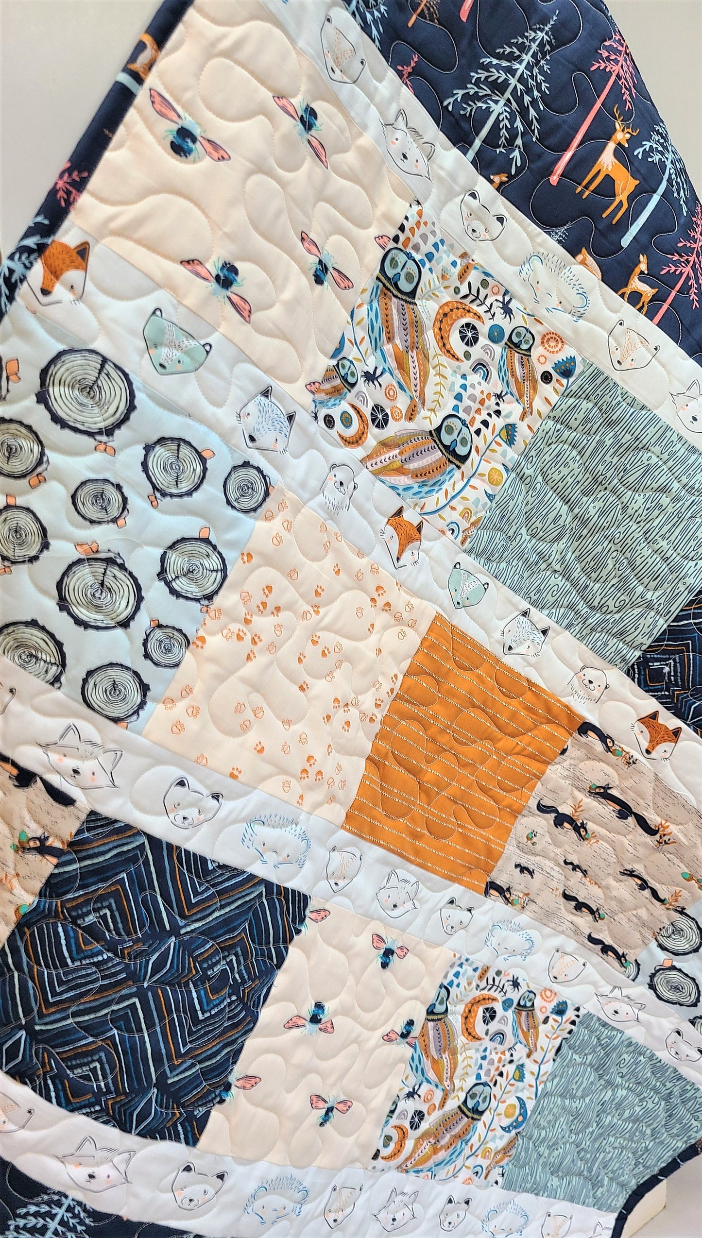 Modern Baby Quilt, Boy, Girl, Homemade, Little Forester, Navy, Blue, Orange, Woodland, Bees, Deer, Owl, Fox,